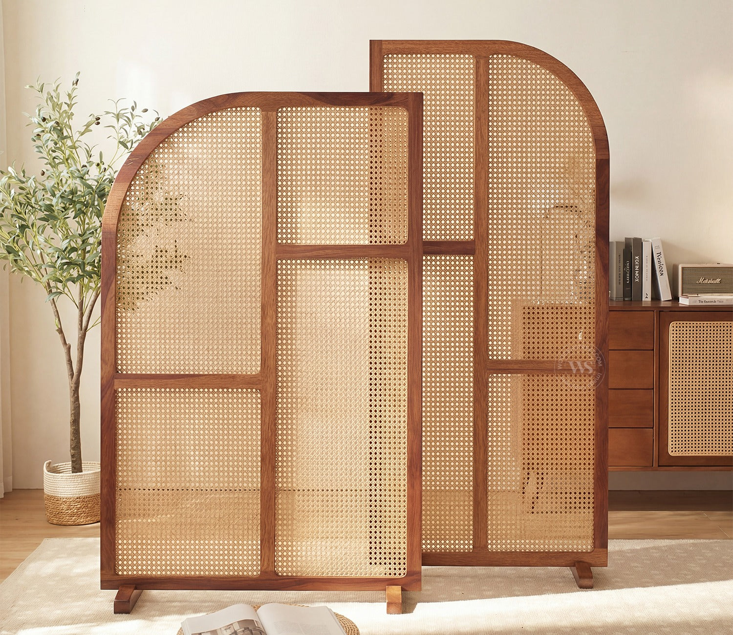Aavaran Heritage Arch Sheesham Wood Room Divider with Luxury Cane Weave - Set of 2 Panels