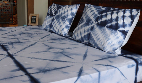 Tie and Die Indigo Contrast Double Bed Sheet with Pillow Covers