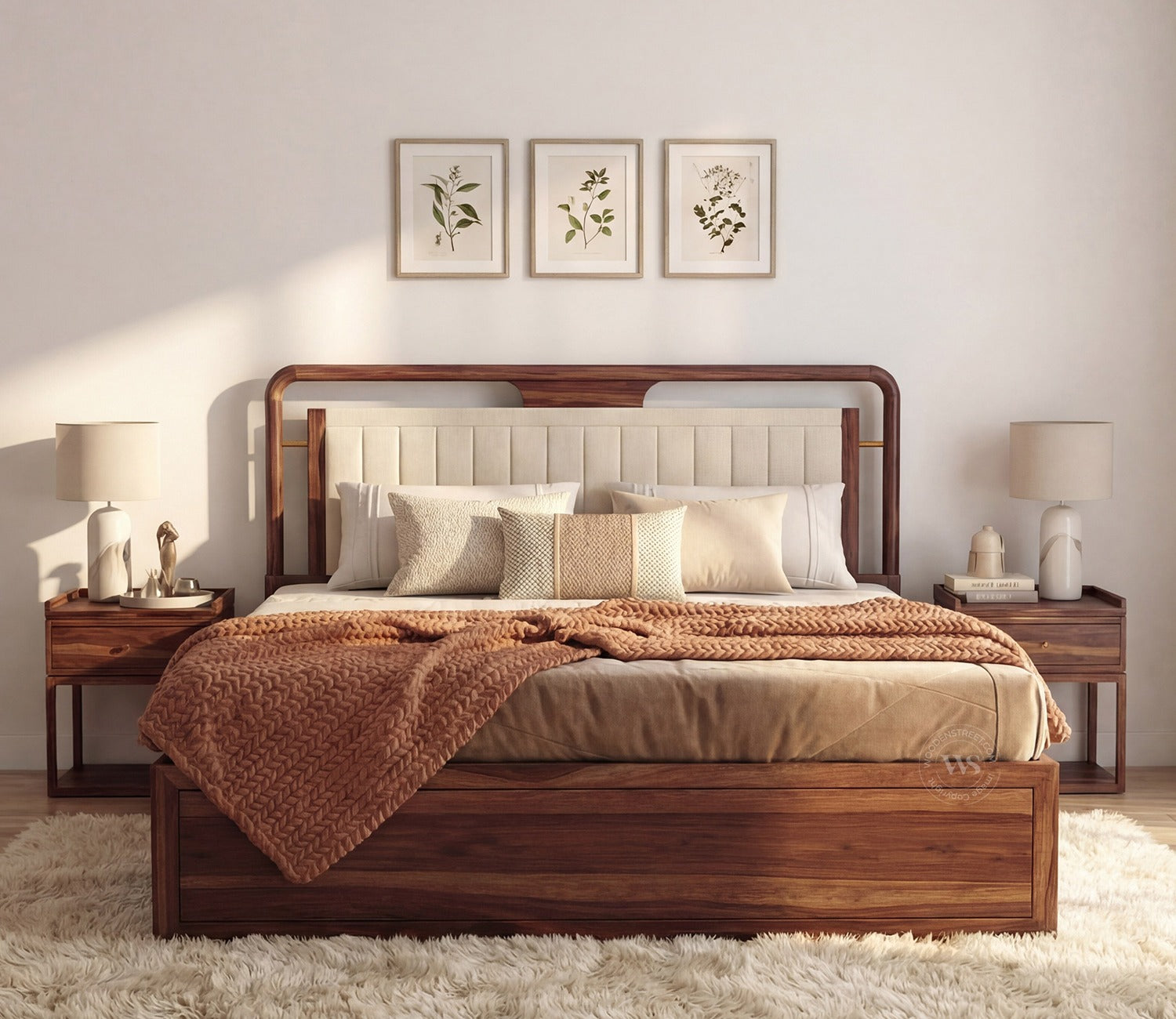 Anvay Sheesham Wood Bed with Upholstered Headboard & Drawer Storage (Queen Size, Jade Ivory, Teak Finish)