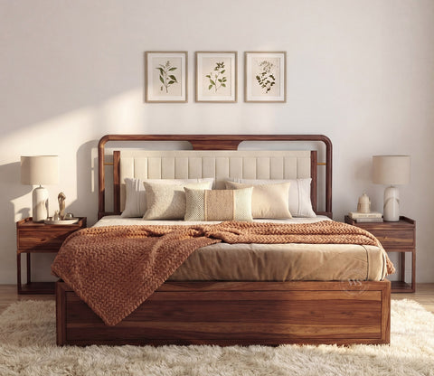 Anvay Sheesham Wood Bed with Upholstered Headboard & Drawer Storage (Queen Size, Jade Ivory, Teak Finish)