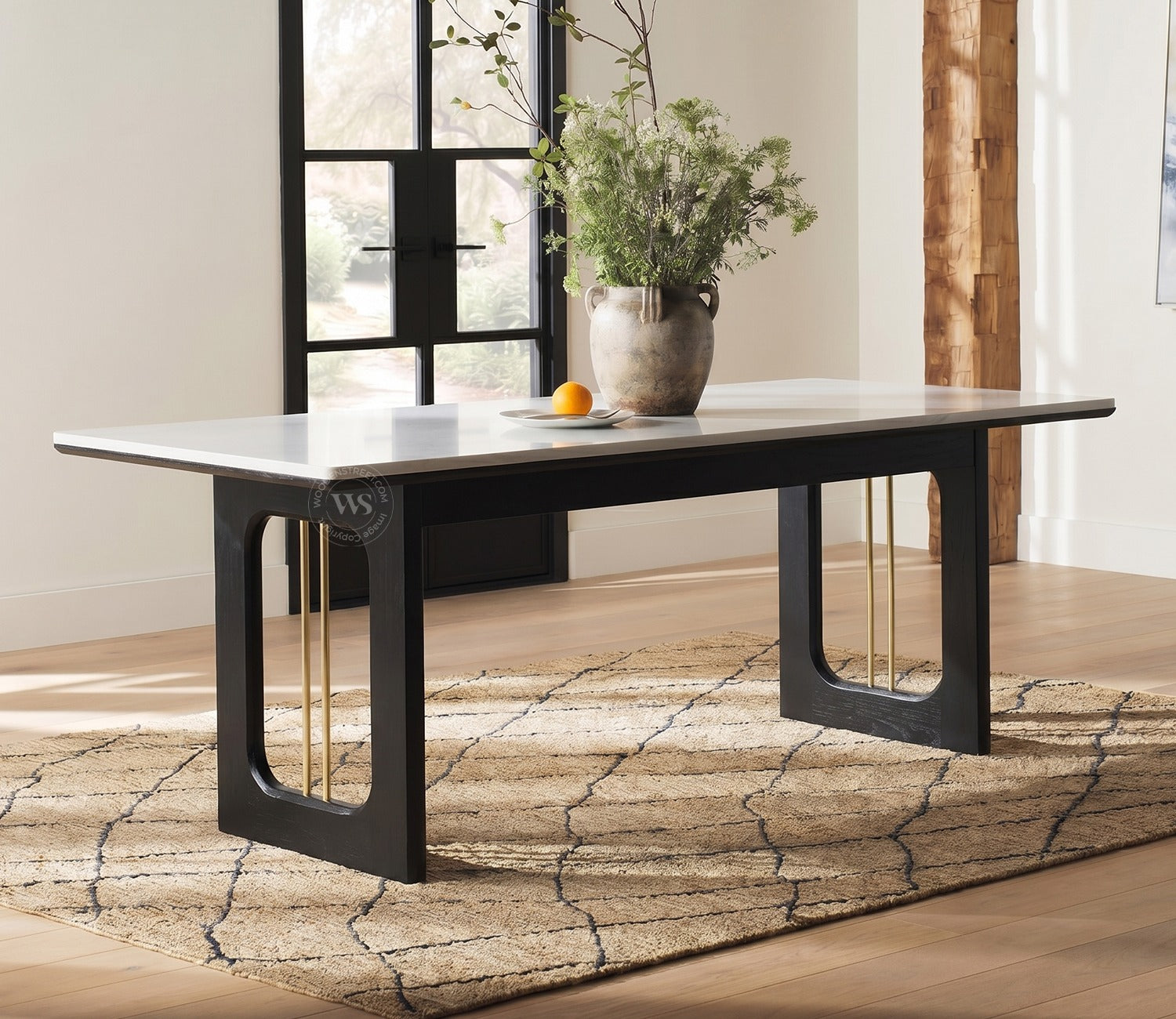 Kanak Designer 6 Seater Sheesham Wood Dining Table Set with Mishaan Quartz Top Table and Misha Chair (Black Finish)