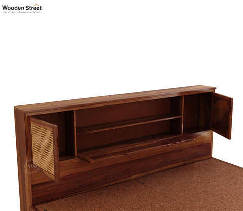 Ferguson Sheesham Wood Bed with Hydraulic Storage and Cane Detailing (King Size, Teak Finish)