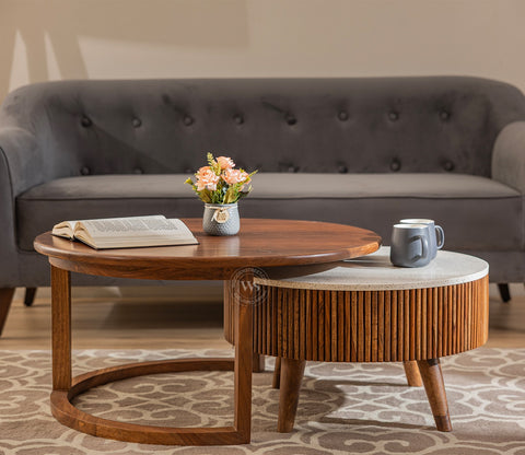 Akasa Sheesham Wood Nesting Coffee Tables With Storage, Set of 2 (Teak Finish)