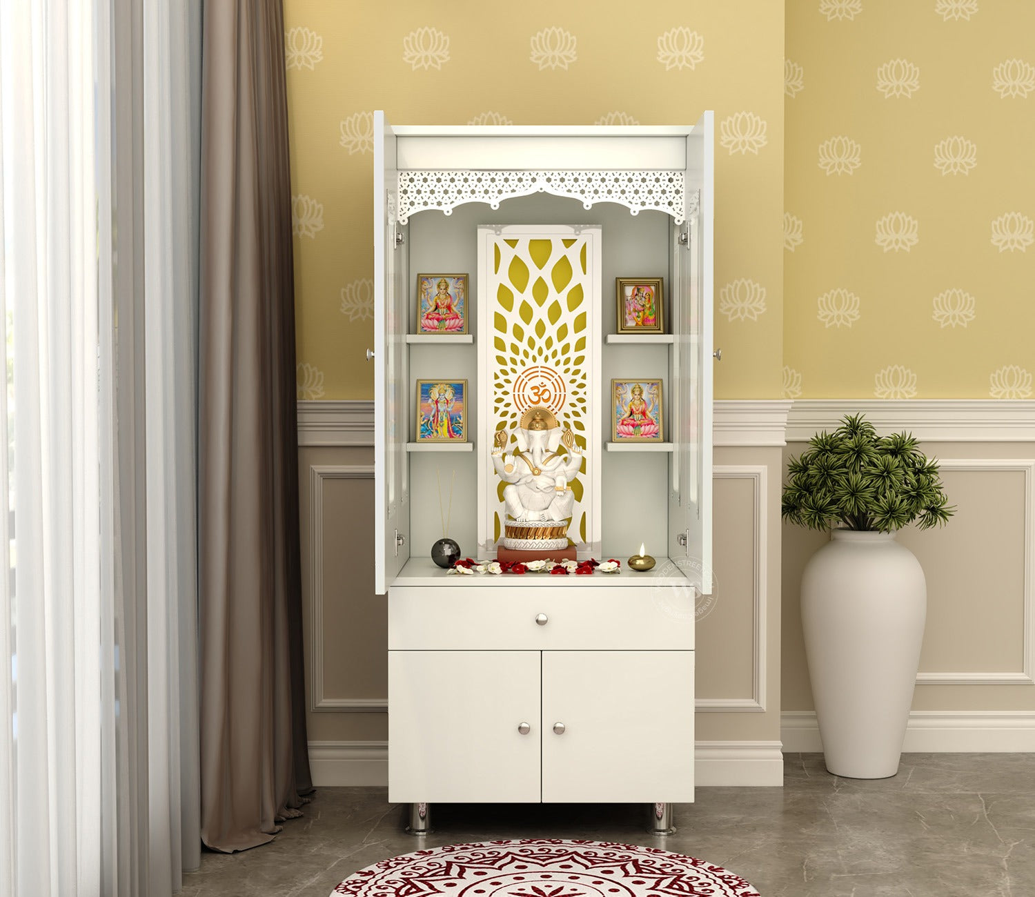 Atharv Engineered Wood Home Temple With Inbuilt LED Light System (White Finish)