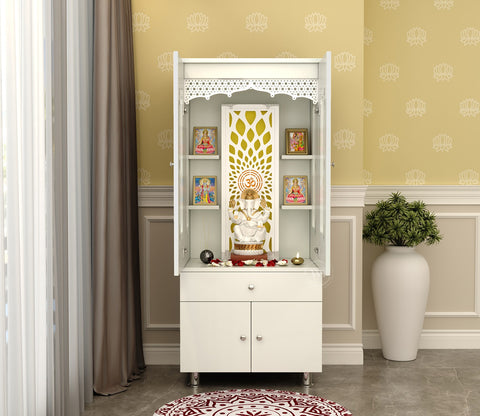 Atharv Engineered Wood Home Temple With Inbuilt LED Light System (White Finish)