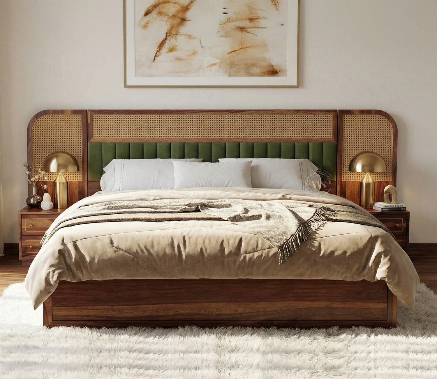 Serah Premium Sheesham Wood Bed with Cane & Velvet Headboard, Drawer Storage & 2 Modular Bedside Tables (King Size, Teak Finish)