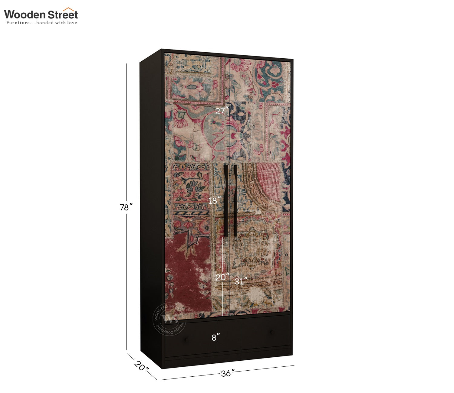 Avren Engineered Wood Wardrobe with Textured Front & Drawer Storage (Patchwork Multi)