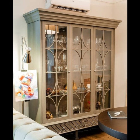 Trueliving Grey Crockery Cabinet With Glass Door 43.2D x 202W x 172.7H Centimeters