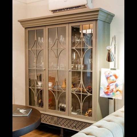 Trueliving Grey Crockery Cabinet With Glass Door 43.2D x 202W x 172.7H Centimeters