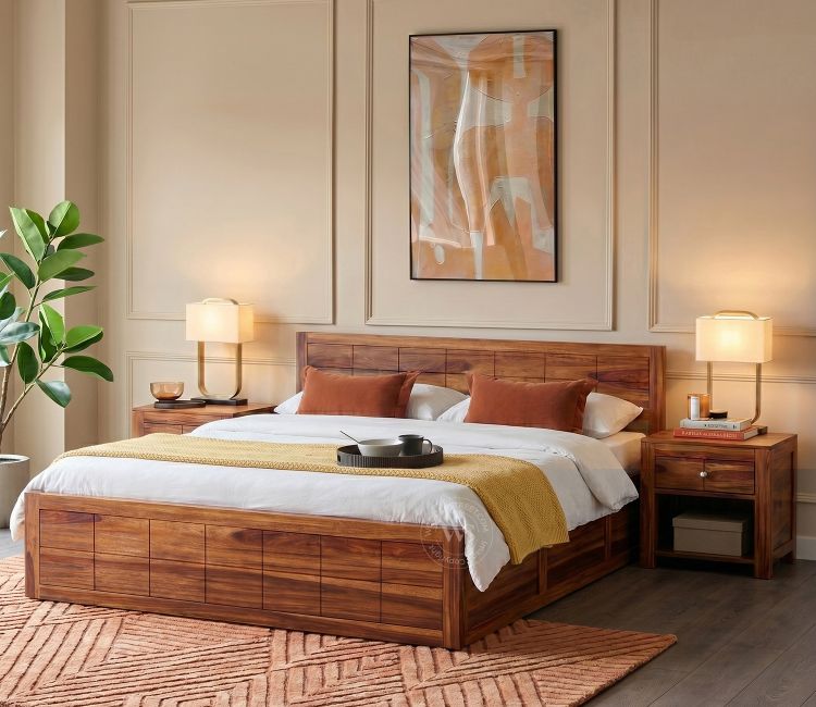 Brixton Sheesham Wood Bed With Box Storage (Queen Size, Honey Finish)