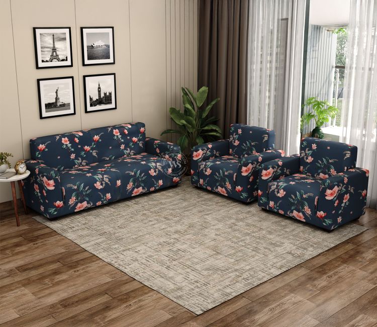 Flaubert Floral Printed Polyester Spandex 3+1+1 Sofa Cover Set (Blue)