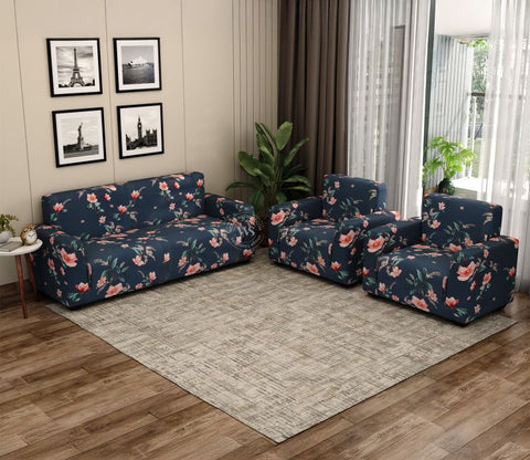 Flaubert Floral Printed Polyester Spandex 3+1+1 Sofa Cover Set (Blue)