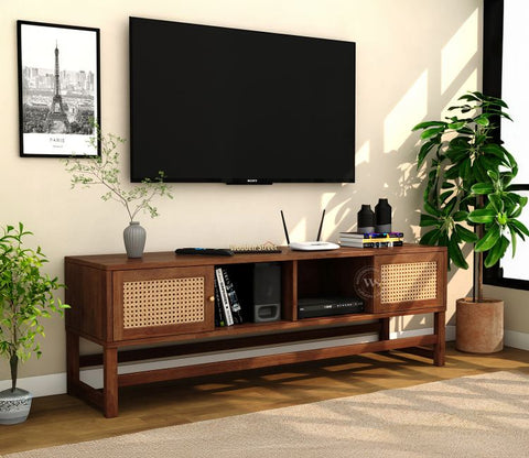 Imperio Premium Solid Wood TV Unit With Cane Door Cabinets & Open Shelves (Mango Wood, Honey Finish)