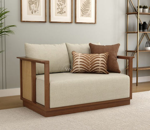 Varnik 2 Seater Ash Wood Sofa with Cane Accents (Teak Finish, Cottage Ivory)