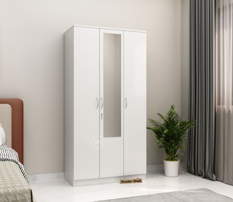 Kayden 3 Door Multi Utility Wardrobe With Hanging Rod & Mirror (Frosty White Finish)