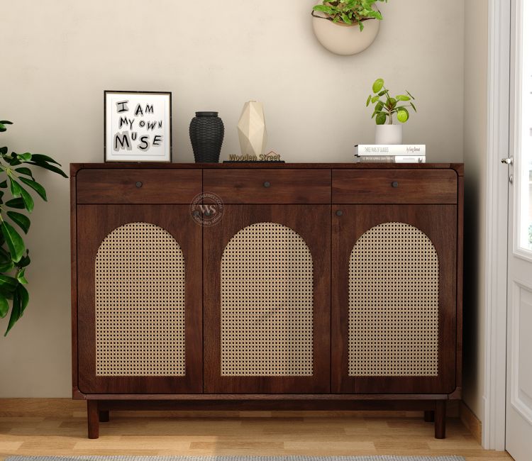 Mazie Premium Solid Wood Shoe Rack With Storage & Cane Detailing (Mango Wood, Teak Finish)