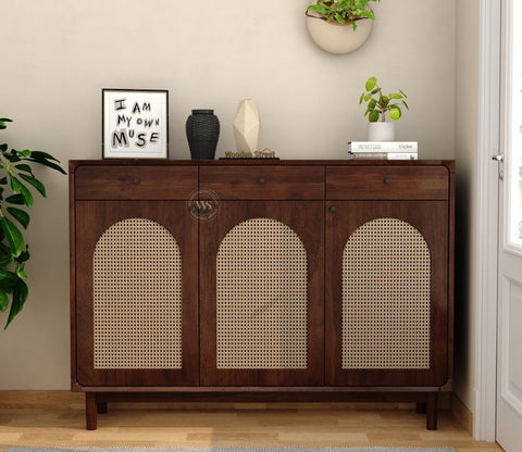 Mazie Premium Solid Wood Shoe Rack With Storage & Cane Detailing (Mango Wood, Teak Finish)