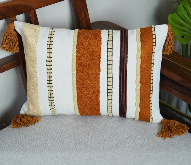 Striped Tasseled Mustard Cotton Cushion Cover -14 x 20