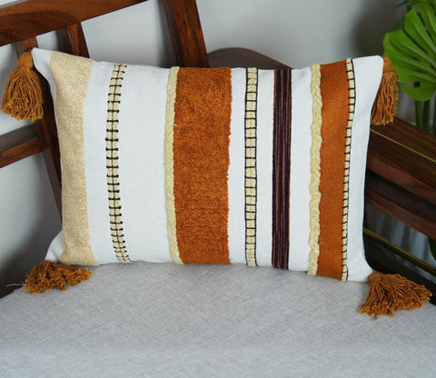 Striped Tasseled Mustard Cotton Cushion Cover -14 x 20