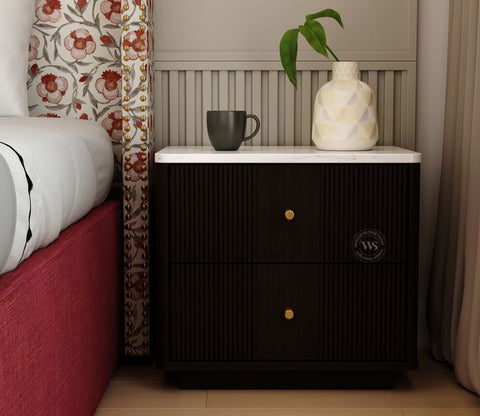 Kesarth Mango Wood Bedside table with Marble Top & Storage (Black Finish)