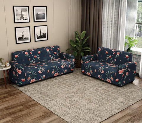 Flaubert Floral Printed Polyester Spandex 3+2 Sofa Cover Set (Blue)