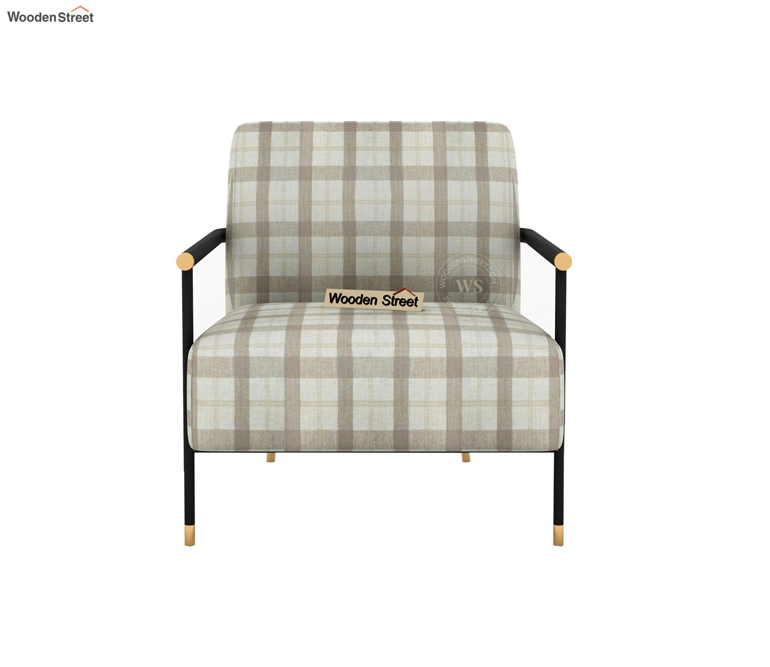 Valentina Metal Lounge Chair (Cream Checkered, Black Finish)