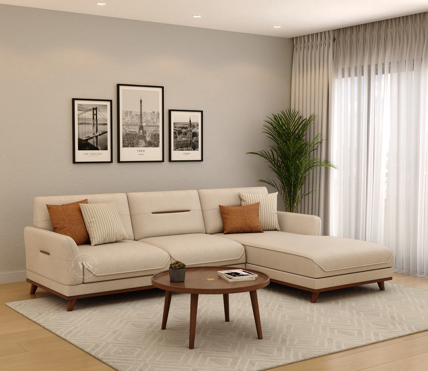 Alvaro L Shape 4 Seater Sofa with Wooden Accents (Cottage Ivory)