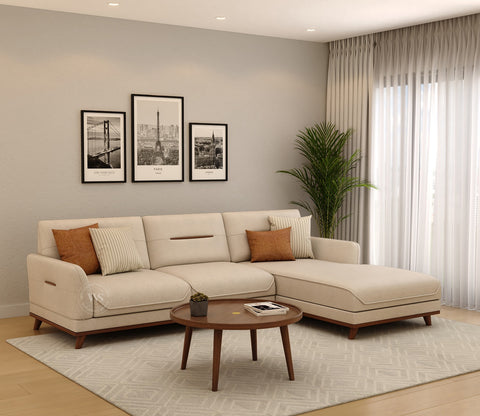 Alvaro L Shape 4 Seater Sofa with Wooden Accents (Cottage Ivory)