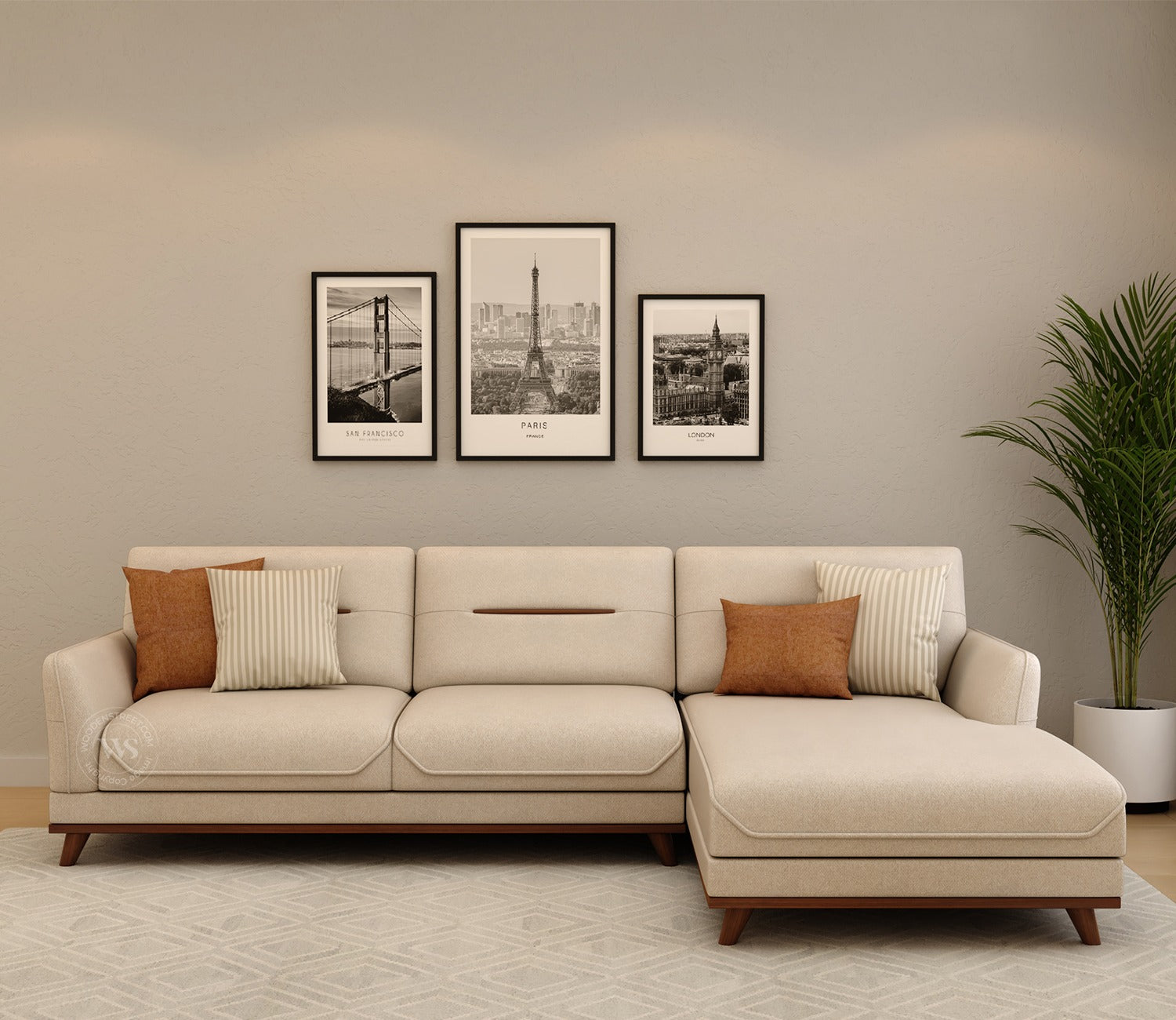 Alvaro L Shape 4 Seater Sofa with Wooden Accents (Cottage Ivory)