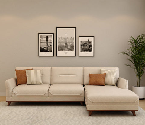 Alvaro L Shape 4 Seater Sofa with Wooden Accents (Cottage Ivory)