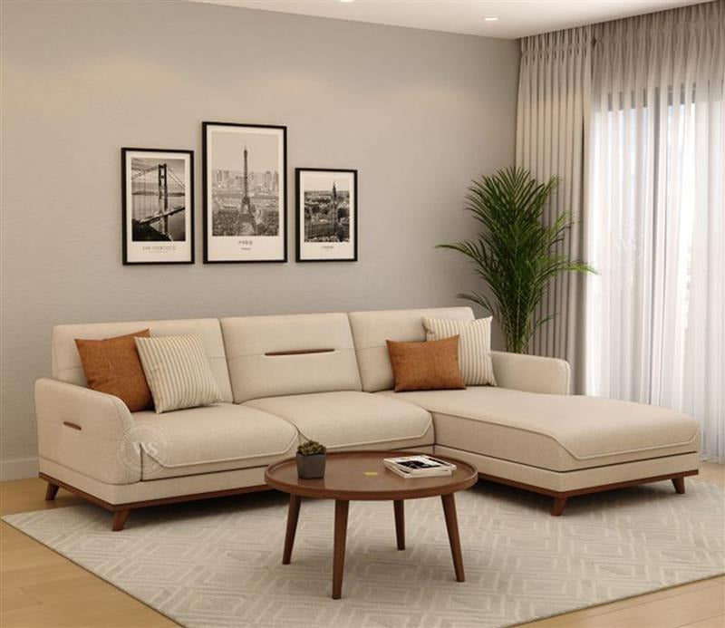 Alvaro L Shape 4 Seater Sofa with Wooden Accents (Cottage Ivory)