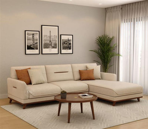 Alvaro L Shape 4 Seater Sofa with Wooden Accents (Cottage Ivory)