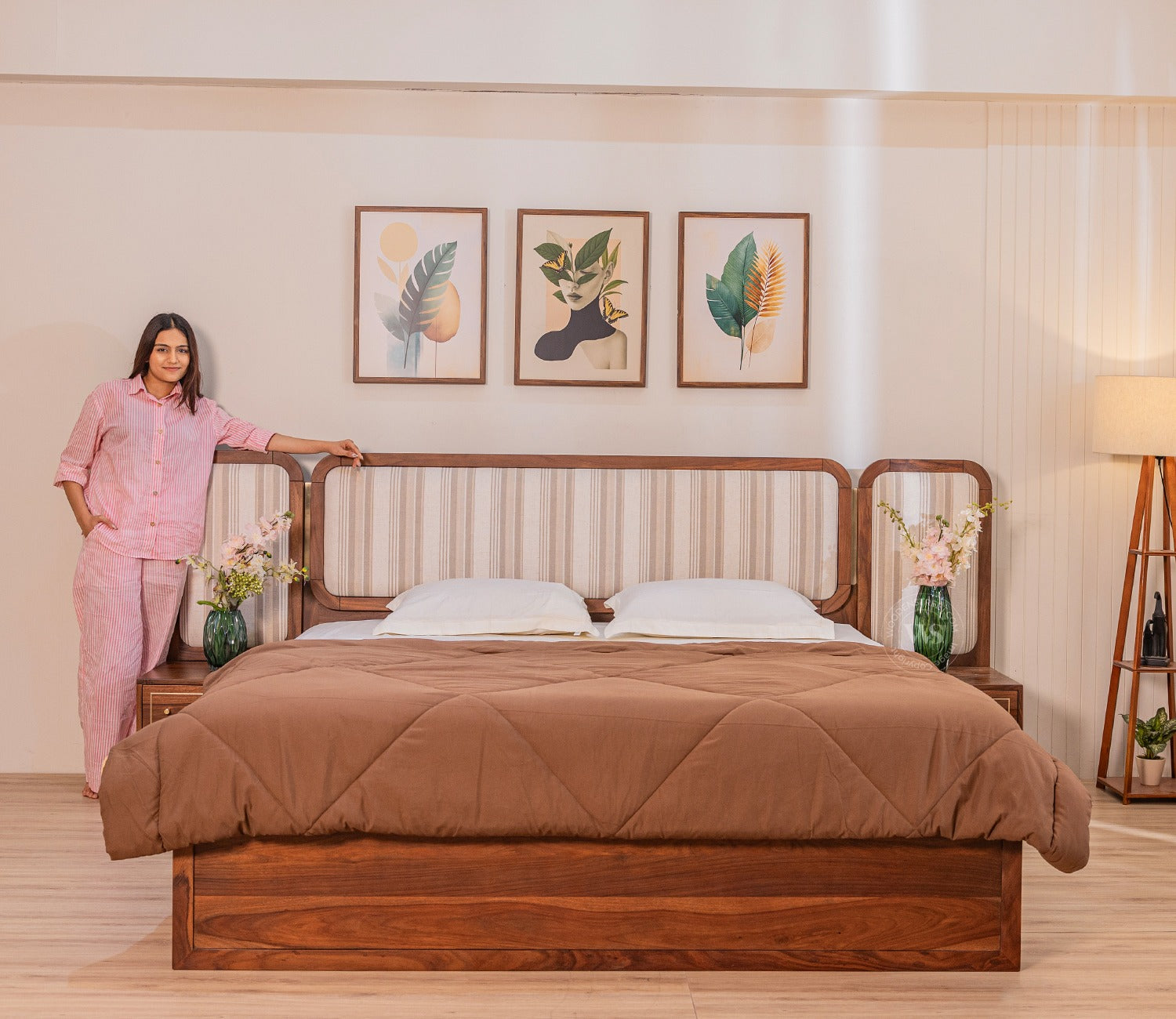 Iransh Premium Sheesham Wood Bed with Striped Headboard Drawer Storage and 2 Bedside Tables (King Size, Cream Stripe)