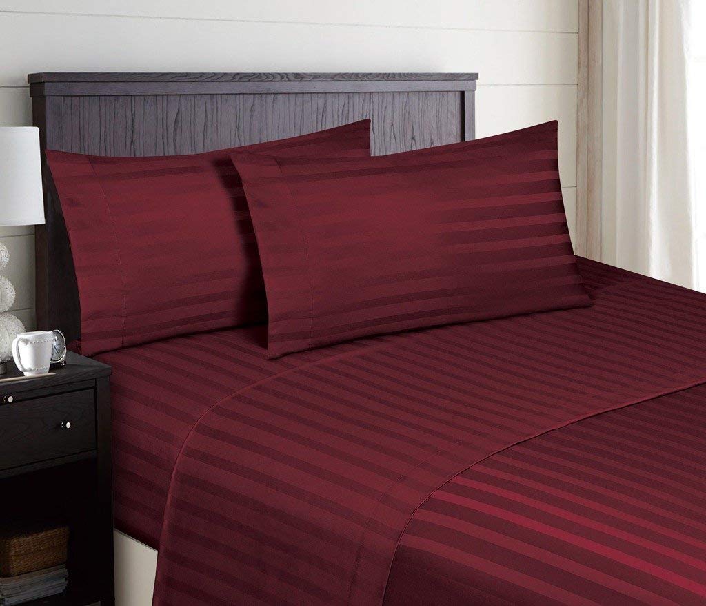 300 TC Egyptian Cotton Stripe Bed Sheet Set | King Size | Burgundy | 4 Piece Set