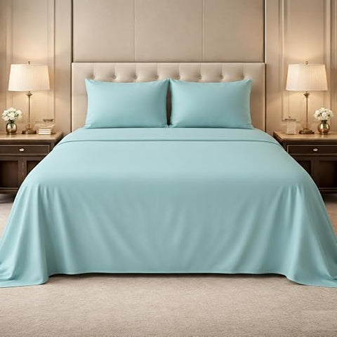 Cotton Bedsheet with 2 Pillow Cover for King Bed Egyptian 500 TC Bed Sheet Set - Light Blue Bedding Set - Durable, Ultra Soft, Hotel Quality, Export Finish Luxurious Sheets