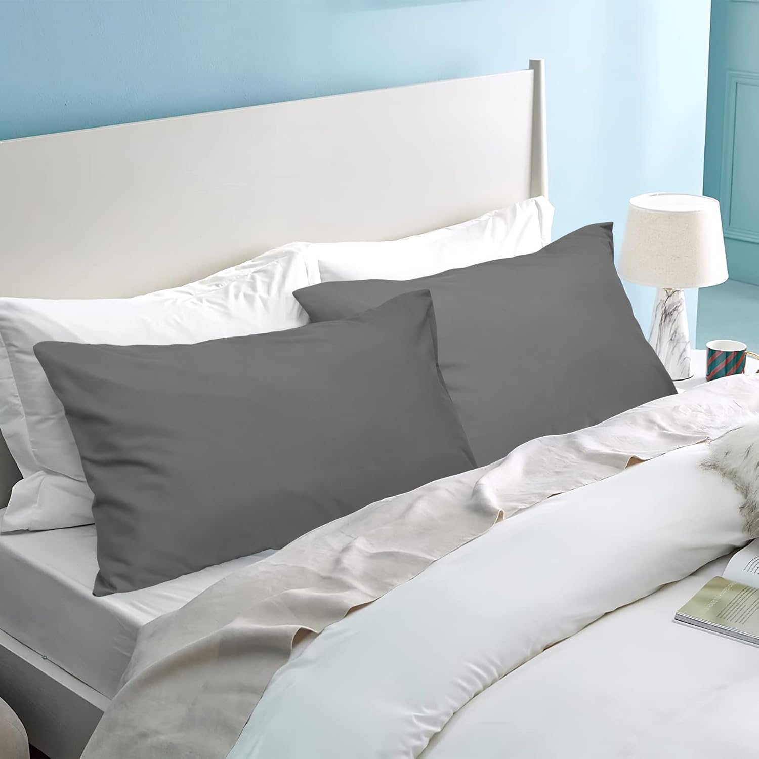 LINENOVA 2 Pack Standard Size Pillow Cases, 1200TC Brushed Microfiber Super Soft Pillowcases with Envelope Closure, Wrinkle, Fade and Stain Resistant Pillow Covers, 48x74cm - Dark Grey