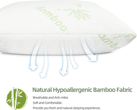LINENOVA Bamboo Shredded Memory Foam Pillow Standard Size 2 Pack for Back/Stomach/Side Sleeper - Ultra Soft, Cool & Breathable Bamboo Hypoallergenic Bed Pillow Cover with Zipper Closure 48x74cm