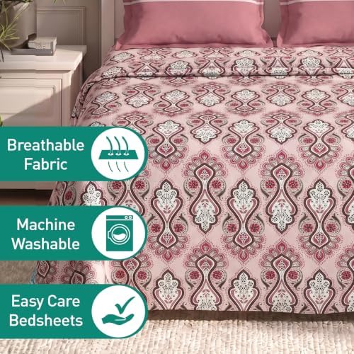 MYTRIDENT Urban Comfort Bedsheet for Double Bed, 144 TC, 100% Cotton Bedsheet with 2 Pillow Covers, Queen Size 228 cm x 254 cm, Delicate Blush