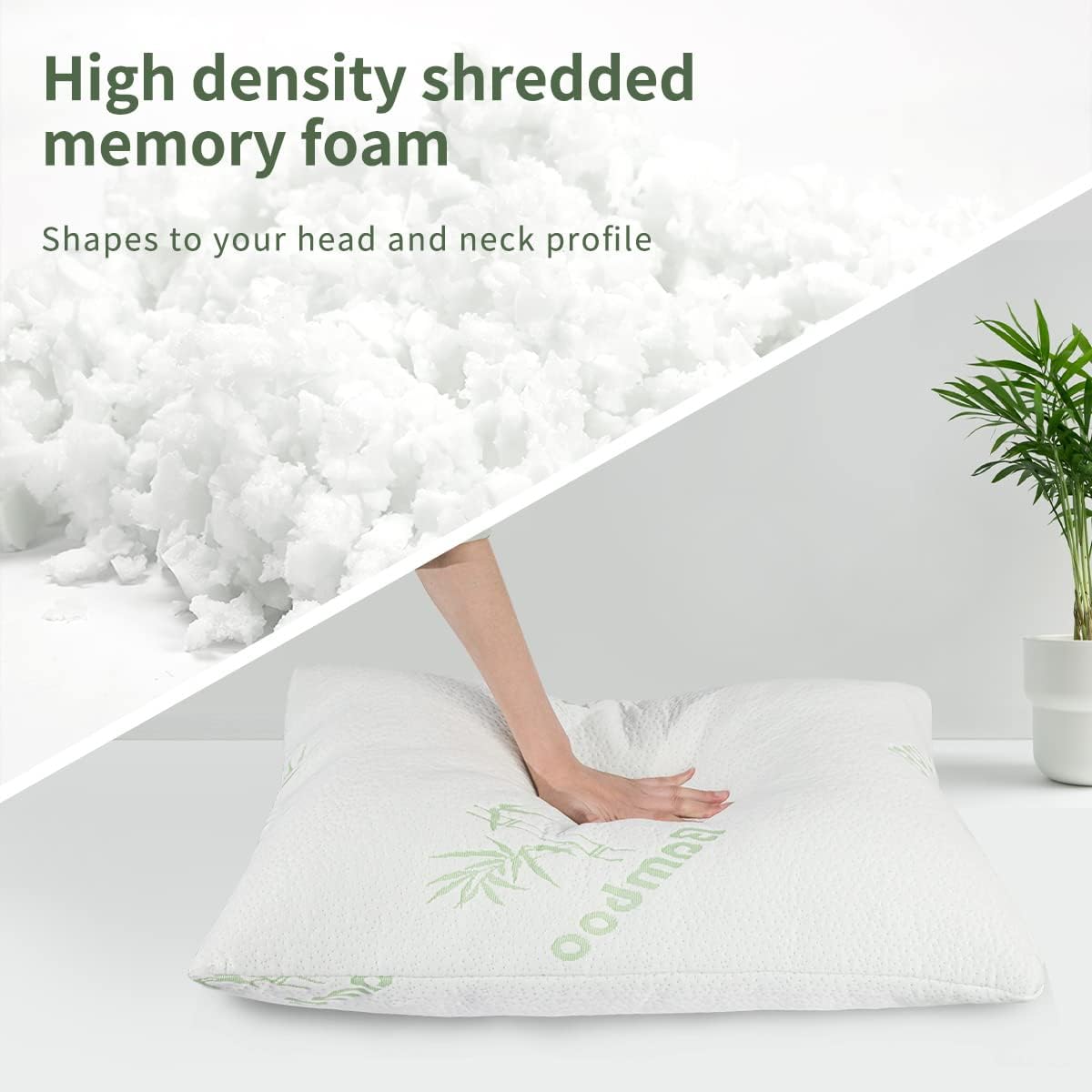 LINENOVA Bamboo Shredded Memory Foam Pillow Standard Size 2 Pack for Back/Stomach/Side Sleeper - Ultra Soft, Cool & Breathable Bamboo Hypoallergenic Bed Pillow Cover with Zipper Closure 48x74cm