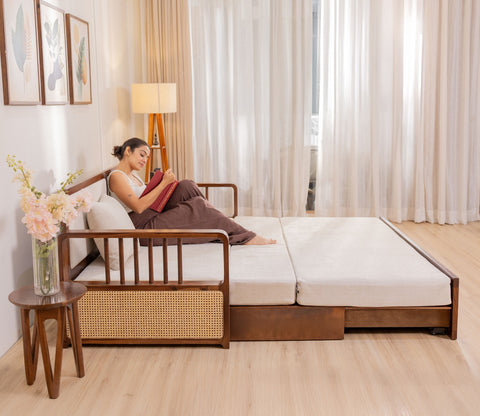Vaastu 3-Seater Sheesham Wood Sofa Cum Bed in Premium Upholstery with Cane Weaving & Brass Accents (Teak Finish, Cottage Ivory)
