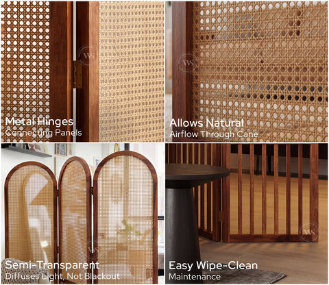 Aavriti Arched Sheesham Wood Room Divider with Natural Cane Weave - Foldable 3 Panel Screen