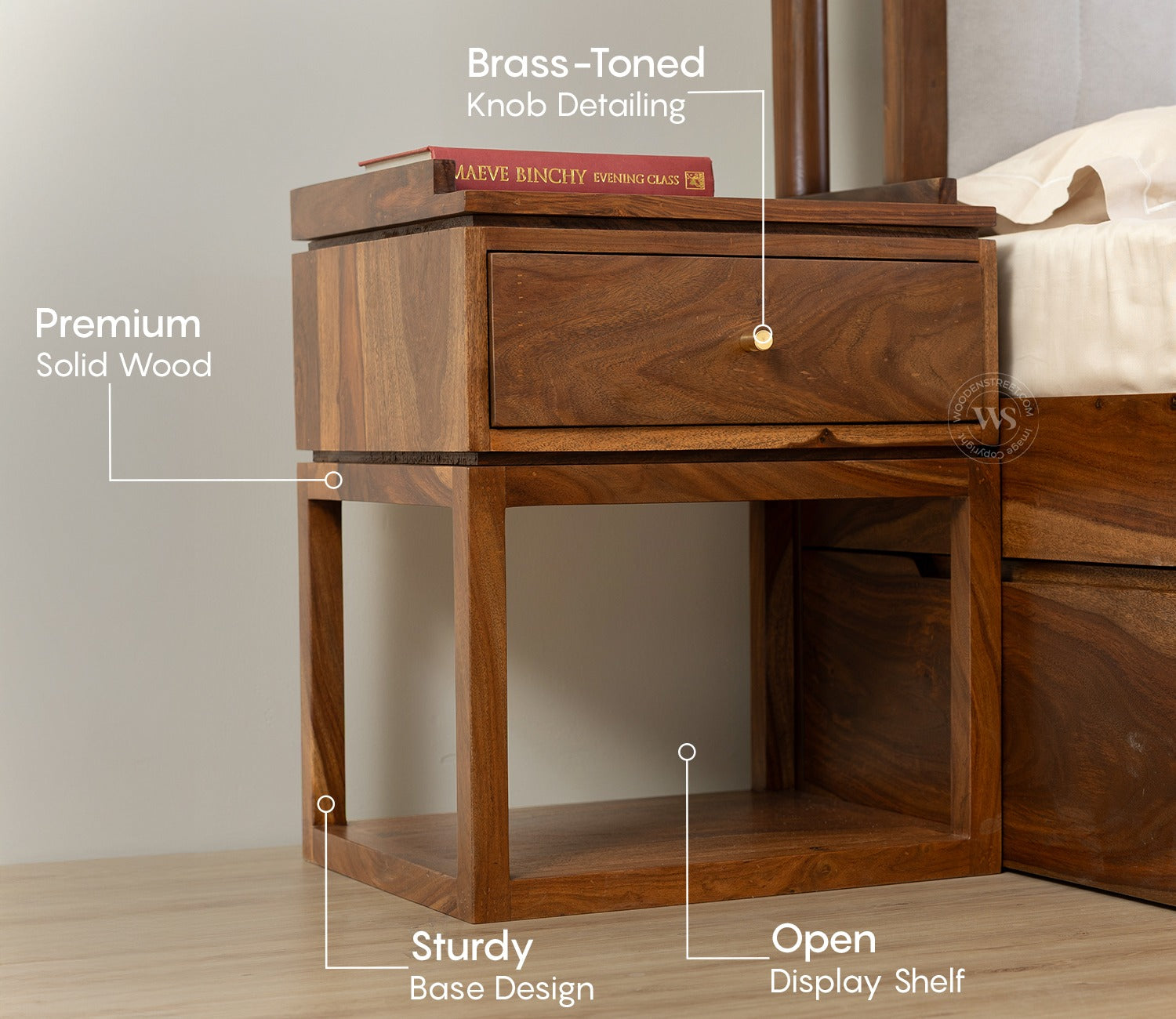 Anvay Sheesham Wood Bedside Table with Drawer & Open Shelf (Teak Finish)