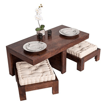 Trueliving Old Wood Brown Table Stool (Table H 30 x W 34 x D 18 Stool H 18 x W 16 x D 14)