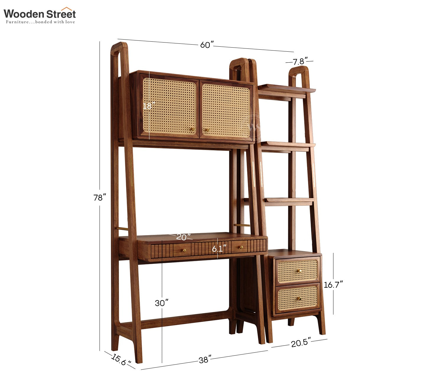 Vyas Sheesham Wood Study Table with Cane Accent, Drawers, Closed and Open Shelves (Teak Finish)