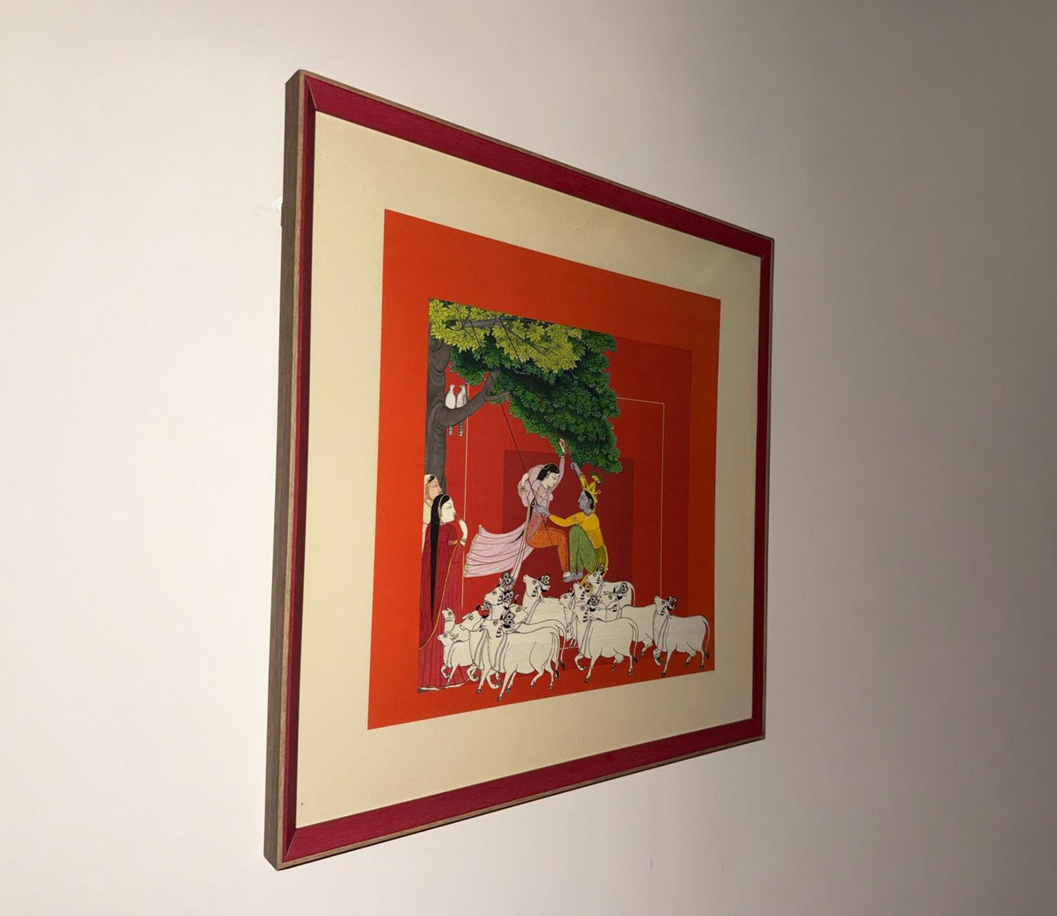 Traditional Indian Miniature Pastoral Scene with Cows Wall Art Frame (Multicolor)