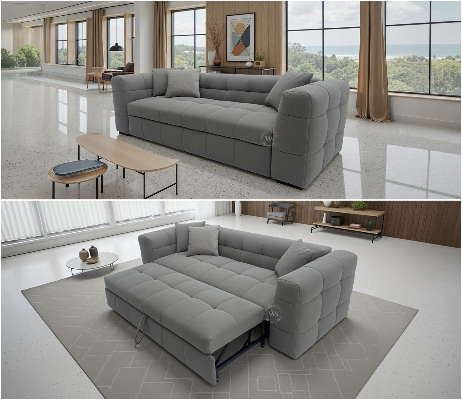 Cinnaro Modern Sofa Cum Bed with Pull Out Conversion and Tufted Design (Grey)