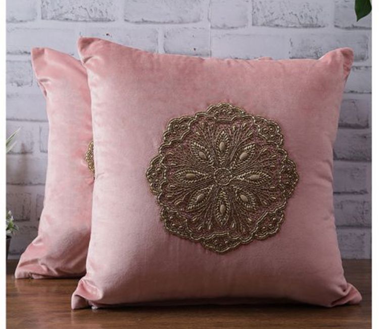 Beaded Velvet Cushion Covers - Set of 1 (Peach, 18 x 18 inch)
