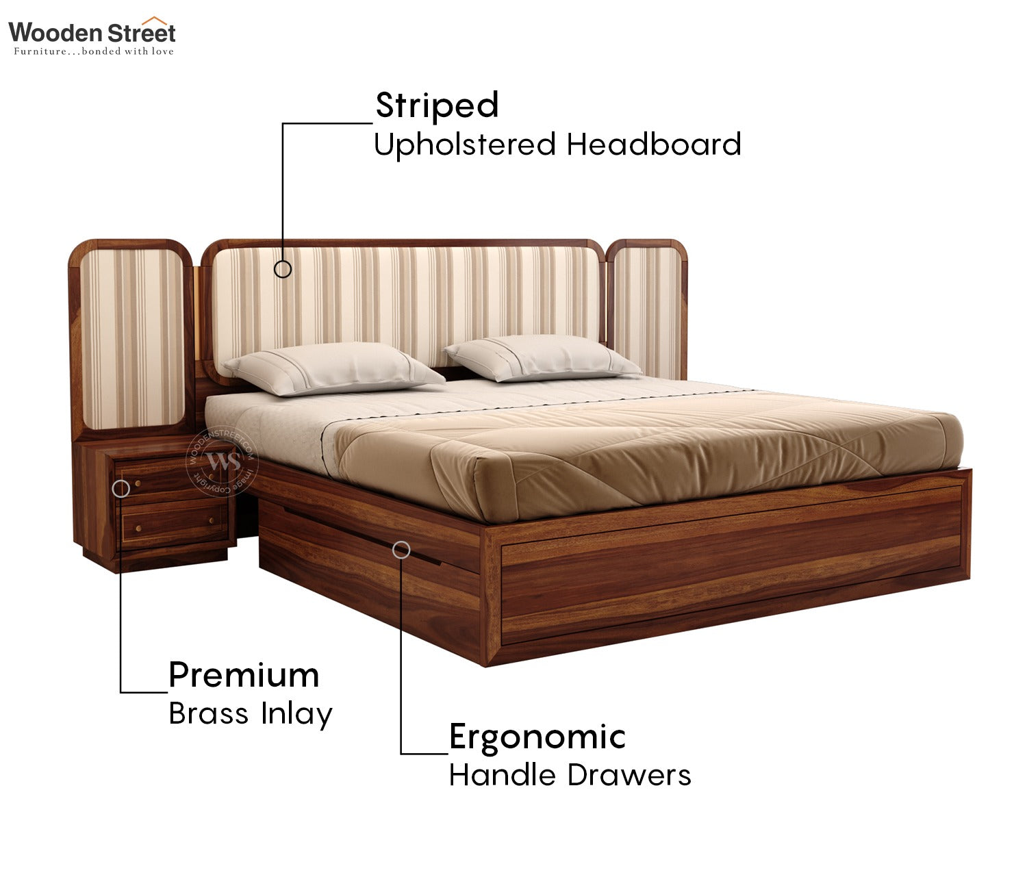 Iransh Premium Sheesham Wood Bed with Striped Headboard Drawer Storage and 2 Bedside Tables (Queen Size, Cream Stripe)