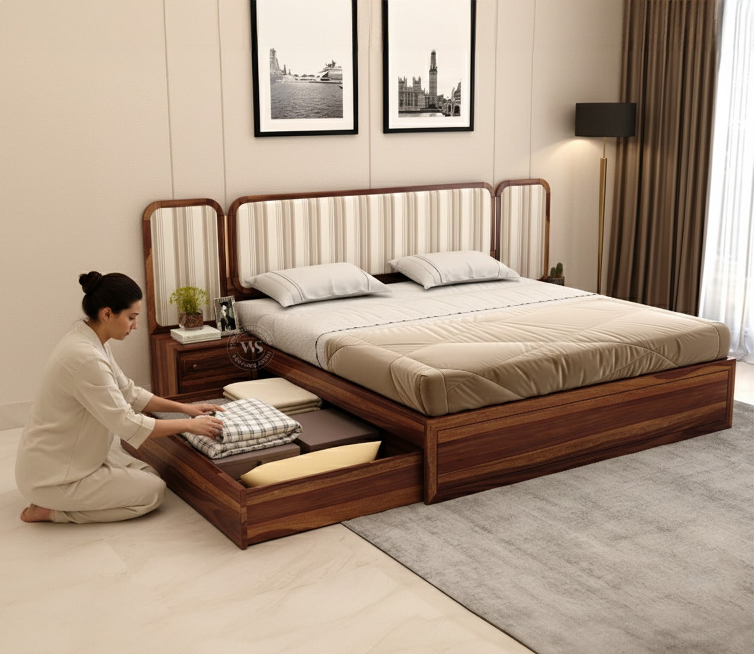 Iransh Premium Sheesham Wood Bed with Striped Headboard Drawer Storage and 2 Bedside Tables (King Size, Cream Stripe)