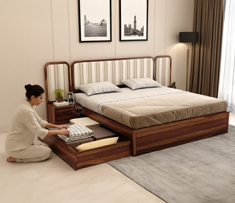 Iransh Premium Sheesham Wood Bed with Striped Headboard Drawer Storage and 2 Bedside Tables (King Size, Cream Stripe)